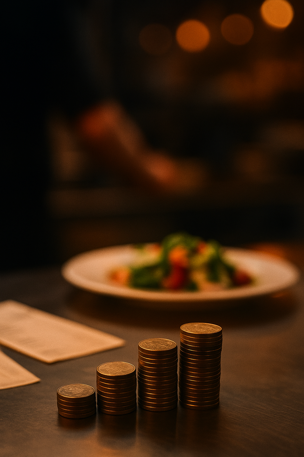 Investment background with coins and restaurant setting