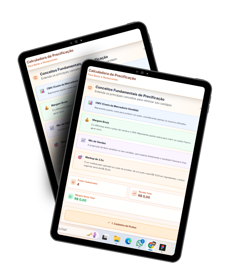 Calculadora de Precificação em tablets mostrando interface real
